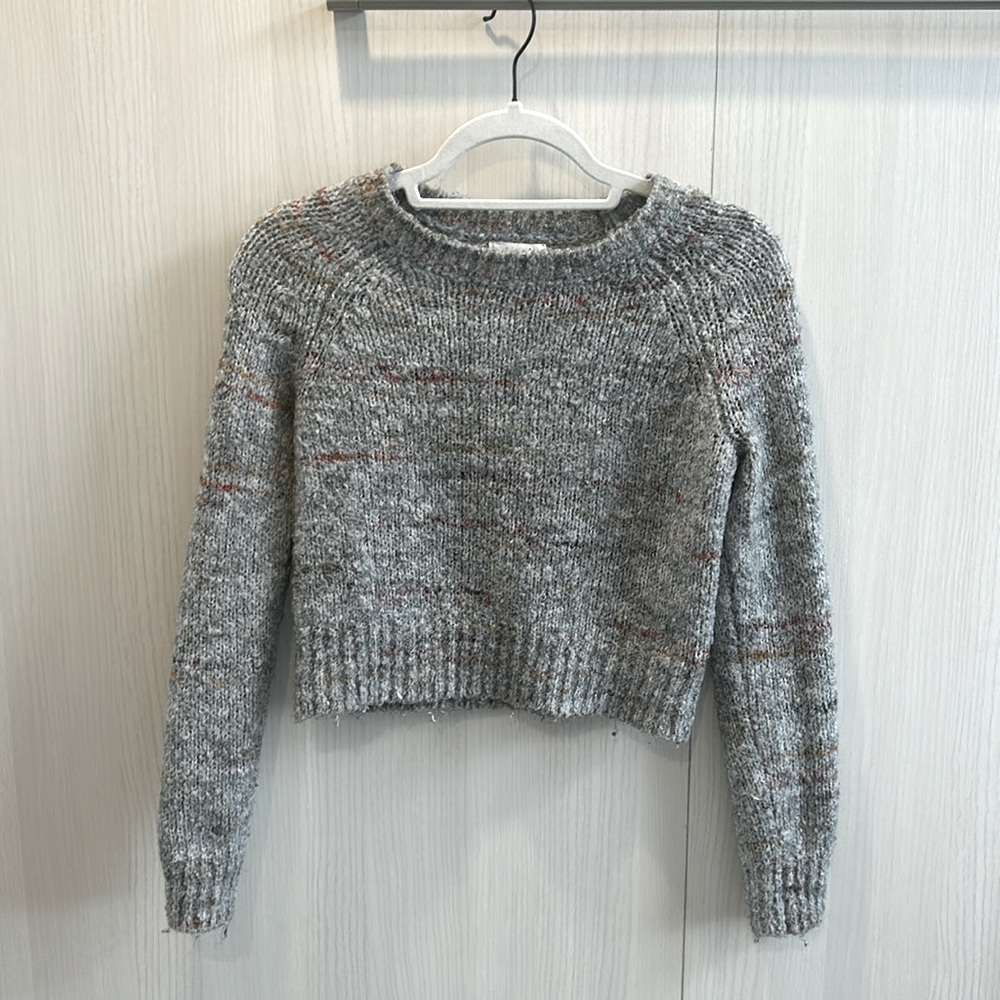 Shrinking Violet long crop wool blend sweater grey red orange pattern size S